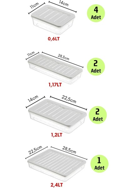 9'lu Derin Dondurucu Düzenleyici Hava Almaz Saklama Kabı Seti 1X2400ML 2X1170ML 2X1200ML 4X600ML