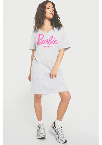 Barbie Girl Gri V Yaka Yarım Kol Diz Boy Ev Elbisesi Gecelik