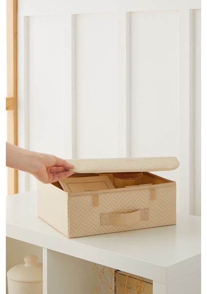 2 Adet Bej Kapaklı Dolap Çekmece Içi Takı Çamaşır Katlanır Saklama Kutusu Organizer 30 x 23 x 11