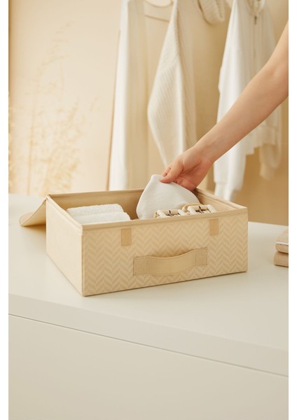 2 Adet Bej Kapaklı Dolap Çekmece Içi Takı Çamaşır Katlanır Saklama Kutusu Organizer 30 x 23 x 11