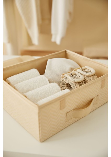 2 Adet Bej Kapaklı Dolap Çekmece Içi Takı Çamaşır Katlanır Saklama Kutusu Organizer 30 x 23 x 11