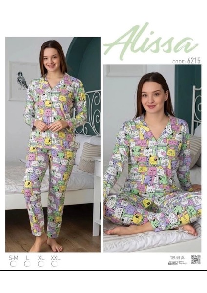 Alissa 6215 Bayan Önü Düğmeli Desenli Uzun Kol Pijama Takımı