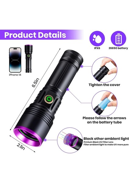 FT-365 Uv LED Mor Işıklı 20WATT Şarjlı 26650 Pilli Profesyonel El Feneri fırsatları