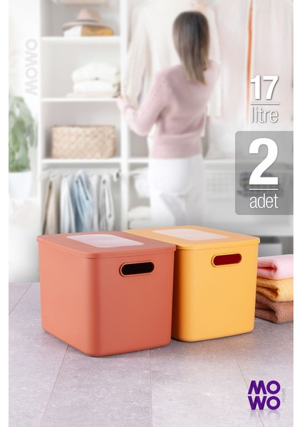 Storage Box 2’li Sarı-Kiremit Renk 17 Lt Düzenleyici Kapaklı Saklama Kutusu, Organizer