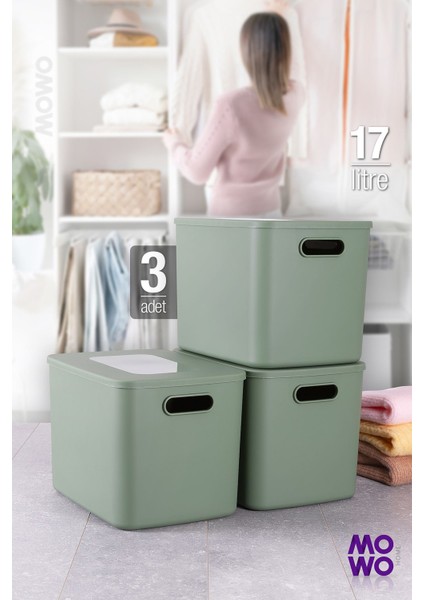 Retro Box Yeşil 3 Adet 17 Lt Düzenleyici Kapaklı Kutu, Dekoratif Saklama Kutusu, Organizer