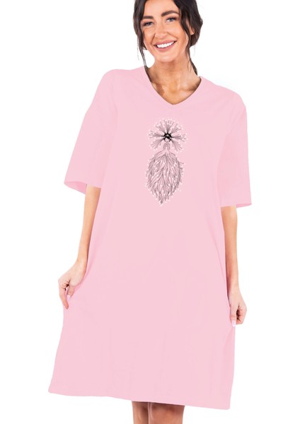 Yıldız Prensesi Pembe V Yaka Yarım Kol Diz Boy Ev Elbisesi Gecelik