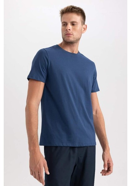 Regular Fit Bisiklet Yaka Basic Kısa Kollu %100 Pamuk Tişört Indıgo