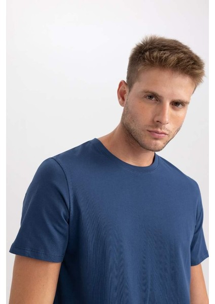 Regular Fit Bisiklet Yaka Basic Kısa Kollu %100 Pamuk Tişört Indıgo modelleri