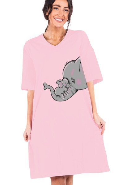 Anne Çocuk Filler Pembe V Yaka Yarım Kol Diz Boy Ev Elbisesi Gecelik