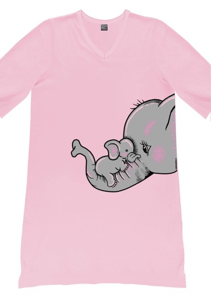 Anne Çocuk Filler Pembe V Yaka Yarım Kol Diz Boy Ev Elbisesi Gecelik fiyatları