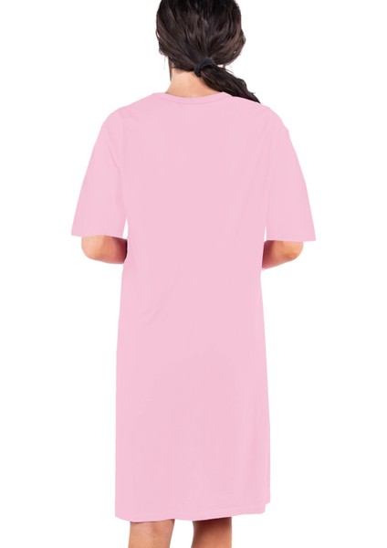 Anne Çocuk Filler Pembe V Yaka Yarım Kol Diz Boy Ev Elbisesi Gecelik modelleri