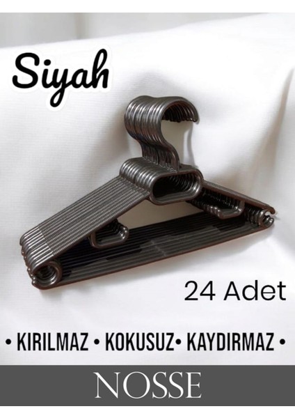 Nosse Kalın Kokusuz 24 Adet Siyah Plastik Elbise Kıyafet Askısı Kaydırmaz Askı 24'lü Set