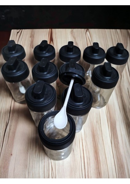 12 Adet Kilitlenebilir Kapaklı Kaşıklı Baharatlık Seti 300 Ml + Baharat Etiketi