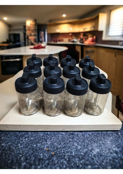 12 Adet Kilitlenebilir Kapaklı Kaşıklı Baharatlık Seti 300 Ml + Baharat Etiketi