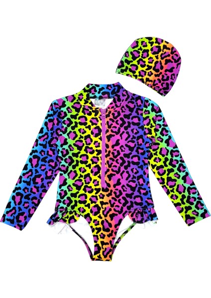 Kız Çocuk Ön Fermuar Detaylı Body Suit Uzun Kollu Güneş Koruyucu Fırfırlı Mayo + Bone Çok Renkli fiyatları