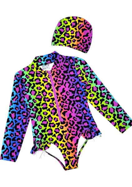 Kız Çocuk Ön Fermuar Detaylı Body Suit Uzun Kollu Güneş Koruyucu Fırfırlı Mayo + Bone Çok Renkli modelleri