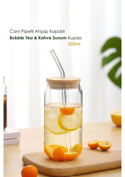 2'Li Isıya Duyarlı Pipetli Bardak Ahşap Kapaklı Bubble Tea Borosilikat Kahve Bardağı 550 Ml