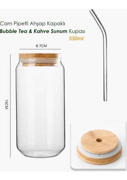 2'Li Isıya Duyarlı Pipetli Bardak Ahşap Kapaklı Bubble Tea Borosilikat Kahve Bardağı 550 Ml