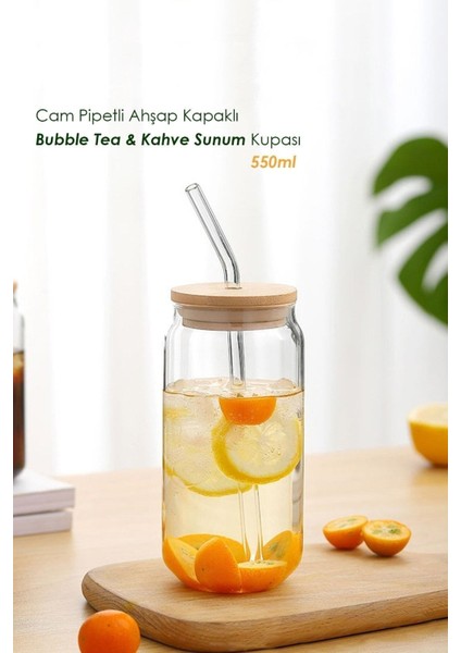 Isıya Duyarlı Pipetli Bardak Ahşap Kapaklı Bubble Tea Ve Borosilikat Kahve Bardağı 550 Ml