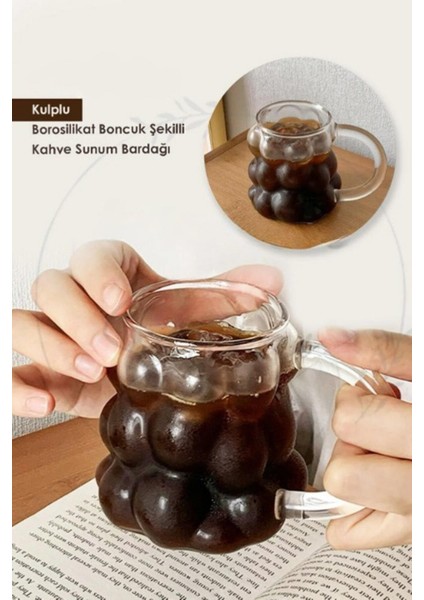 Isıya Dayanıklı Borosilikat Kulplu Boncuk Şekilli Bardak Kahve Ve Sunum Bardağı