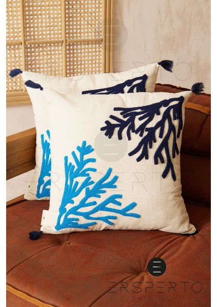 Marin Serisi Mercan Punch Panç Desen Nakışlı Kırlent Kılıfı 1 Adet 43 x 43 cm