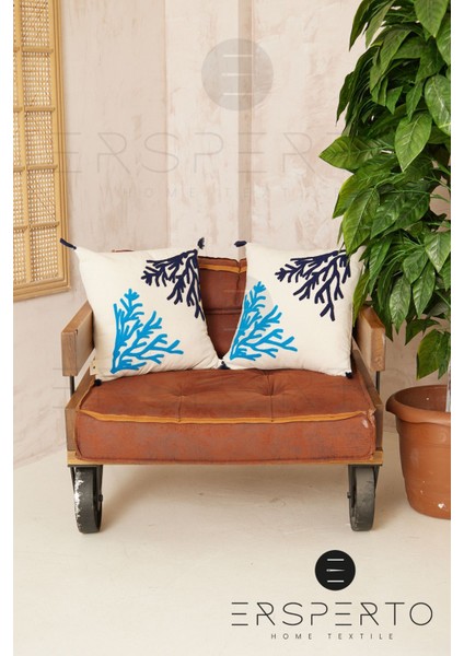 Marin Serisi Mercan Punch Panç Desen Nakışlı Kırlent Kılıfı 1 Adet 43 x 43 cm