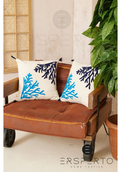 Marin Serisi Mercan Punch Panç Desen Nakışlı Kırlent Kılıfı 1 Adet 43 x 43 cm