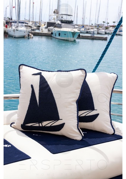 Marin Serisi Kayık Punch Panç Desen Nakışlı Kırlent Kılıfı 1 Adet 43 x 43 cm