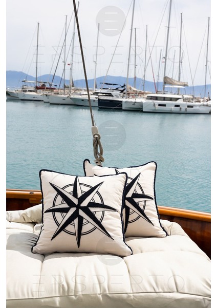 Marin Serisi Pusula Punch Panç Desen Nakışlı Kırlent Kılıfı 1 Adet 43 x 43 cm