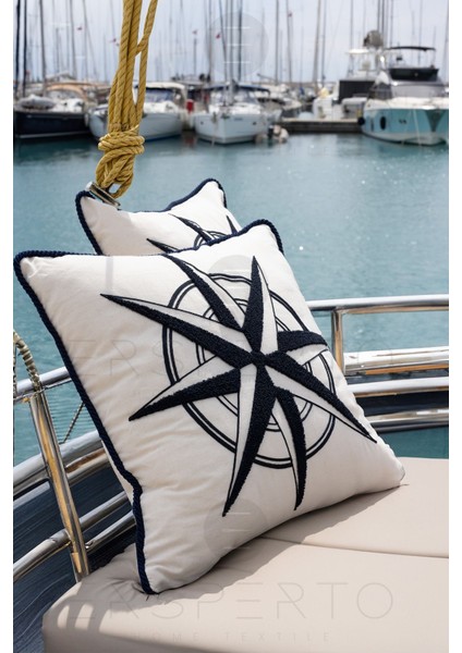 Marin Serisi Pusula Punch Panç Desen Nakışlı Kırlent Kılıfı 1 Adet 43 x 43 cm