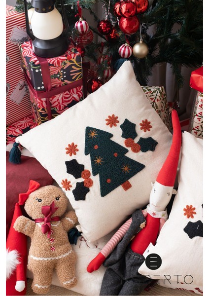 Yılbaşı Kış Serisi Çam Ağacı Desen Punch Panç Nakışlı Kırlent Kılıfı 1 Adet 43 x 43 cm