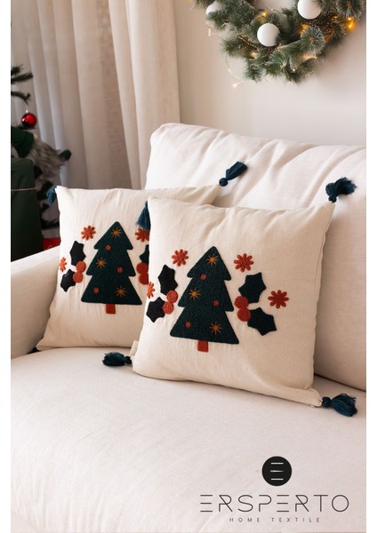 Yılbaşı Kış Serisi Çam Ağacı Desen Punch Panç Nakışlı Kırlent Kılıfı 1 Adet 43 x 43 cm modelleri