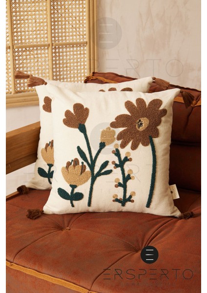 Çiçek Püsküllü Keten Dekoratif Kırlent Kılıfı Yastık Kılıfı 1 Adet 43 x 43 cm