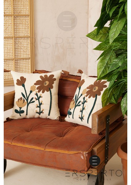 Çiçek Püsküllü Keten Dekoratif Kırlent Kılıfı Yastık Kılıfı 1 Adet 43 x 43 cm