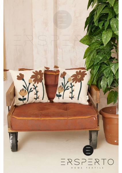 Çiçek Püsküllü Keten Dekoratif Kırlent Kılıfı Yastık Kılıfı 1 Adet 43 x 43 cm