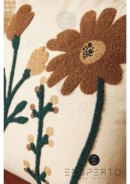 Çiçek Püsküllü Keten Dekoratif Kırlent Kılıfı Yastık Kılıfı 1 Adet 43 x 43 cm