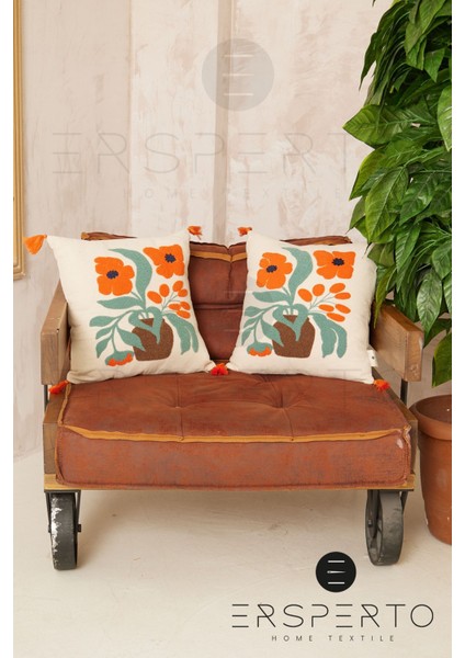 Çiçek Püsküllü Keten Dekoratif Kırlent Kılıfı Yastık Kılıfı 1 Adet 43 x 43 cm