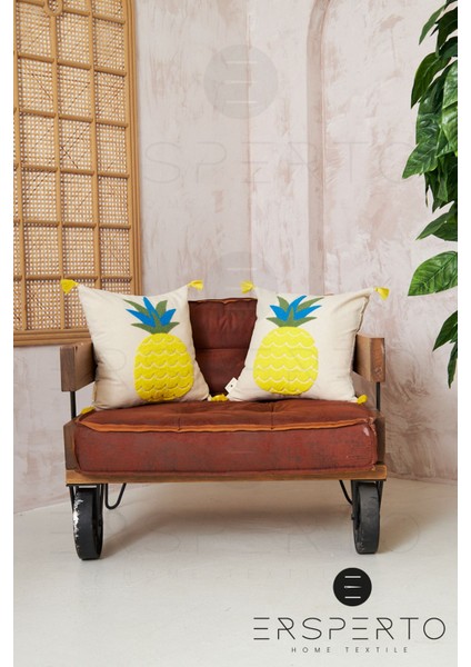 Summer Püsküllü Keten Dekoratif Kırlent Kılıfı Yastık Kılıfı 1 Adet 43 x 43 cm