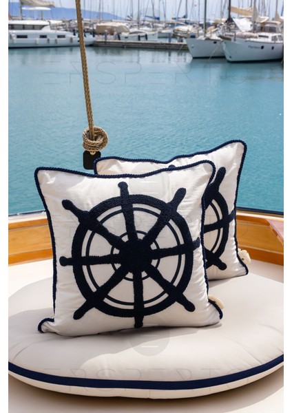 Marin Serisi Dümen Punch Panç Desen Nakışlı Kırlent Kılıfı 1 Adet 43 x 43 cm