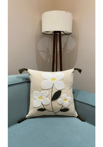Çiçek Püsküllü Keten Dekoratif Kırlent Kılıfı Yastık Kılıfı 1 Adet 43 x 43 cm