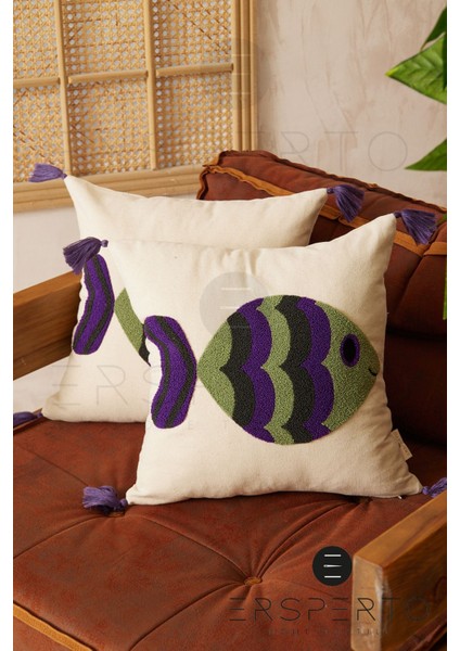 Marin Serisi Gemi Desen Punch Panç Desen Nakışlı Kırlent Kılıfı 1 Adet 43 x 43 cm