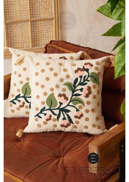 Çiçek Püsküllü Keten Dekoratif Kırlent Kılıfı Yastık Kılıfı 1 Adet 43 x 43 cm