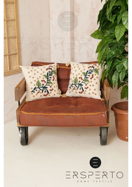 Çiçek Püsküllü Keten Dekoratif Kırlent Kılıfı Yastık Kılıfı 1 Adet 43 x 43 cm