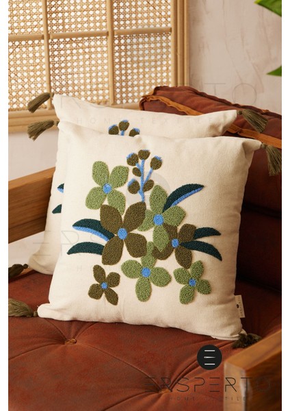 Çiçek Püsküllü Keten Dekoratif Kırlent Kılıfı Yastık Kılıfı 1 Adet 43 x 43 cm