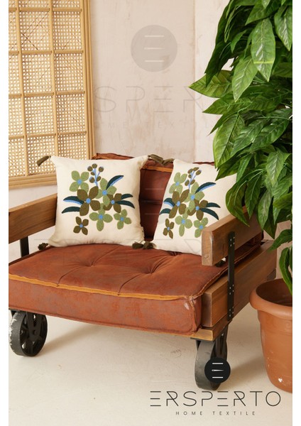 Çiçek Püsküllü Keten Dekoratif Kırlent Kılıfı Yastık Kılıfı 1 Adet 43 x 43 cm