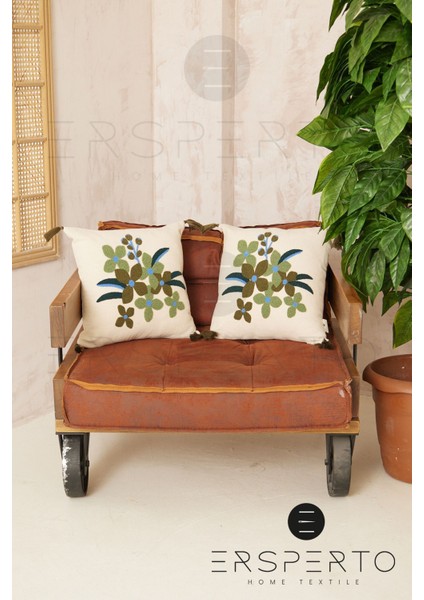Çiçek Püsküllü Keten Dekoratif Kırlent Kılıfı Yastık Kılıfı 1 Adet 43 x 43 cm