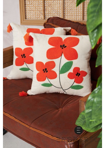 Çiçek Püsküllü Keten Dekoratif Kırlent Kılıfı Yastık Kılıfı 1 Adet 43 x 43 cm