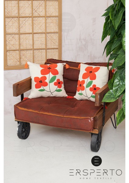 Çiçek Püsküllü Keten Dekoratif Kırlent Kılıfı Yastık Kılıfı 1 Adet 43 x 43 cm