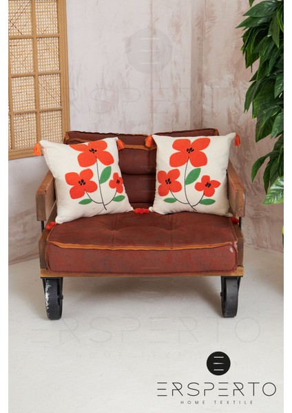 Çiçek Püsküllü Keten Dekoratif Kırlent Kılıfı Yastık Kılıfı 1 Adet 43 x 43 cm