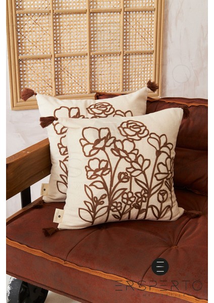 Çiçek Püsküllü Keten Dekoratif Kırlent Kılıfı Yastık Kılıfı 1 Adet 43 x 43 cm